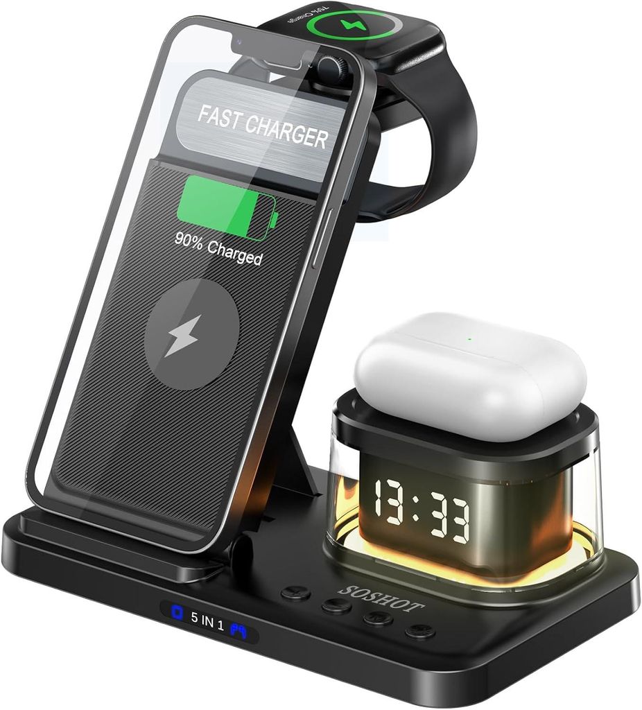5-in-1 Kabellose Ladestation mit Uhr und Nachtlicht, 15W Produktbild 
