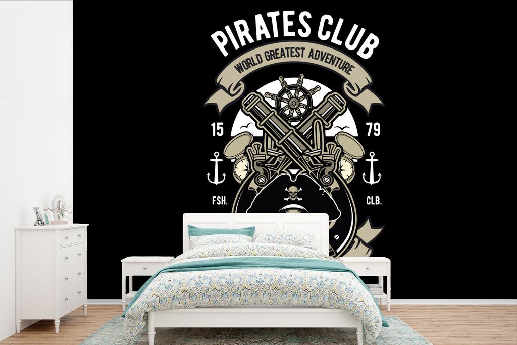 MuchoWow Fototapete für Wohnzimmer oder Schlafzimmer Wandtapete Vinyl Motivtapete Piraten - Kanone - Vintage - Zeichnung - 600x400 cm - Vinyltap...