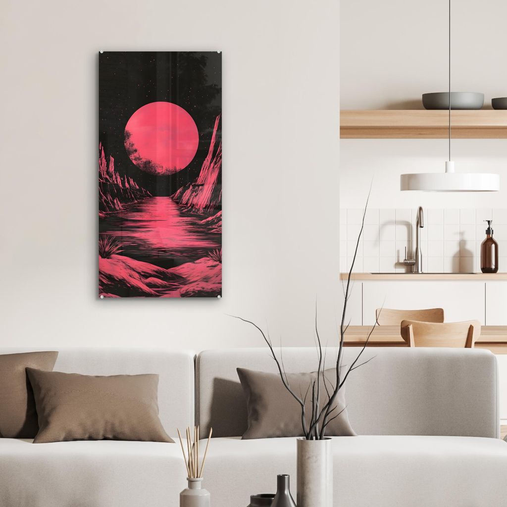 MuchoWow Glasbilder - Bilder auf Wandbild - Foto auf Glas Mond - Helles Rosa - Berge - Fluss 40x80 cm Wanddekoration aus Glas - Acrylglasbild - Acr...
