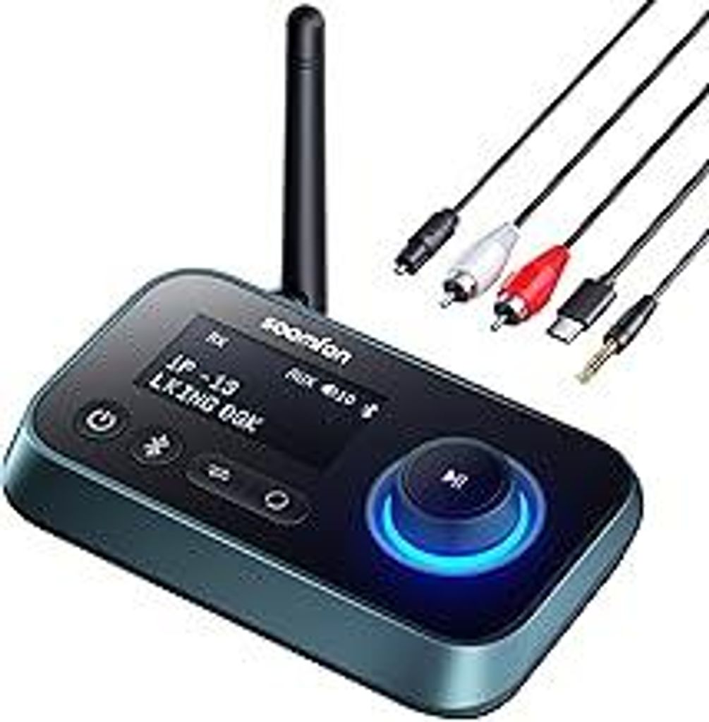 3-in-1 Bluetooth 5.0 Sender Empfänger für 2 Kopfhörer, SOOMFON Bluetooth Adapter Audio für TV PC Stereoanlage, Low Latency BT Transmitter Recei...