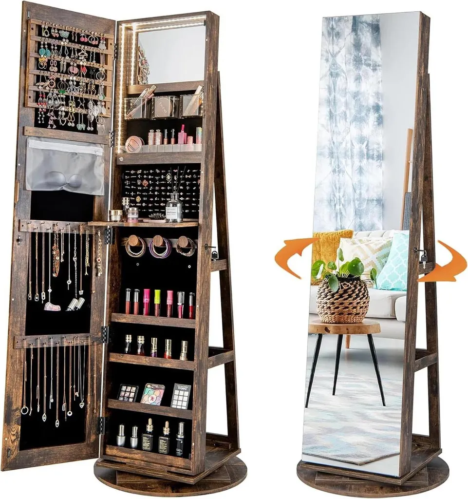 Rangement bijoux rotatif avec grand miroir LED - Armoire bois marron verrou