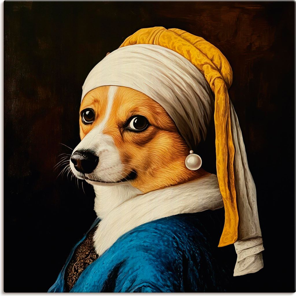 ARTland Leinwandbild Der Corgi mit dem Perlenohrring Größe: 100x100 cm