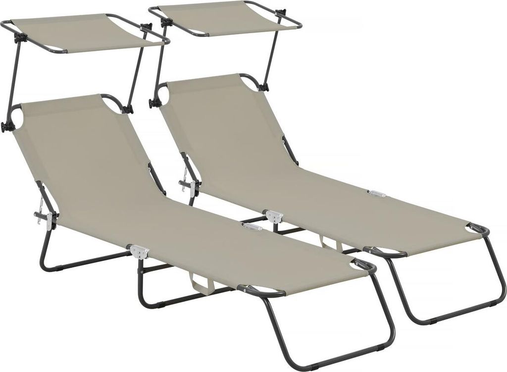 Two taupe-colored lounge chairs with sunshades are shown against a white background.