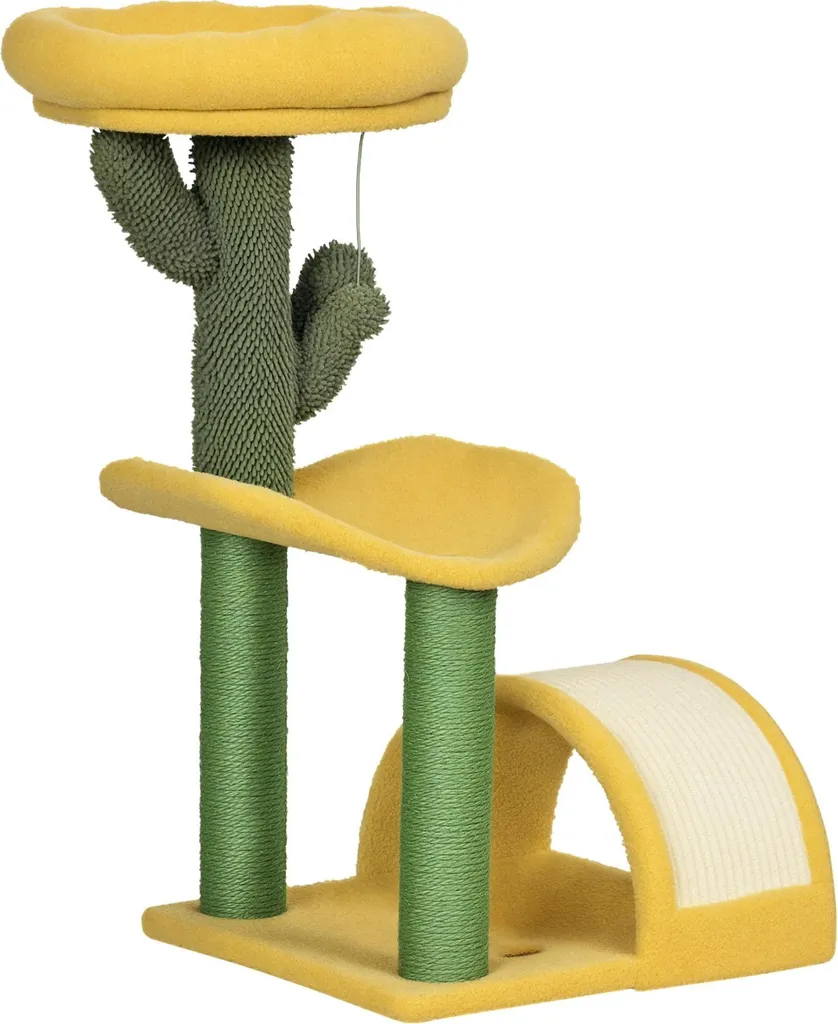 Arbre à chat 4 niveaux 72cm jaune - Griffoir sisal et lit - Panneau
