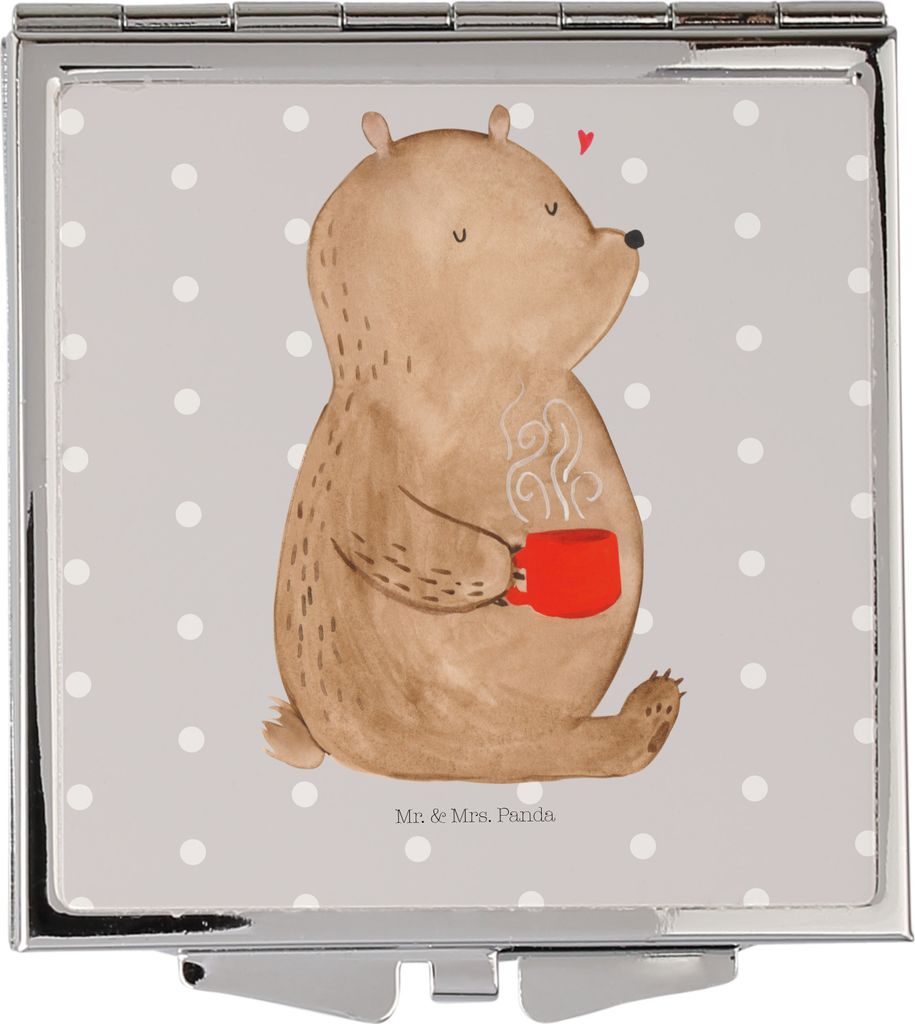 Mr. & Mrs. Panda Schminkspiegel Bär Kaffee - Grau Pastell - Geschenk, Reise, Guten Morgen, Bären, Kosmetikspiegel, Teddy, Klappbarer Spiegel, Mot...