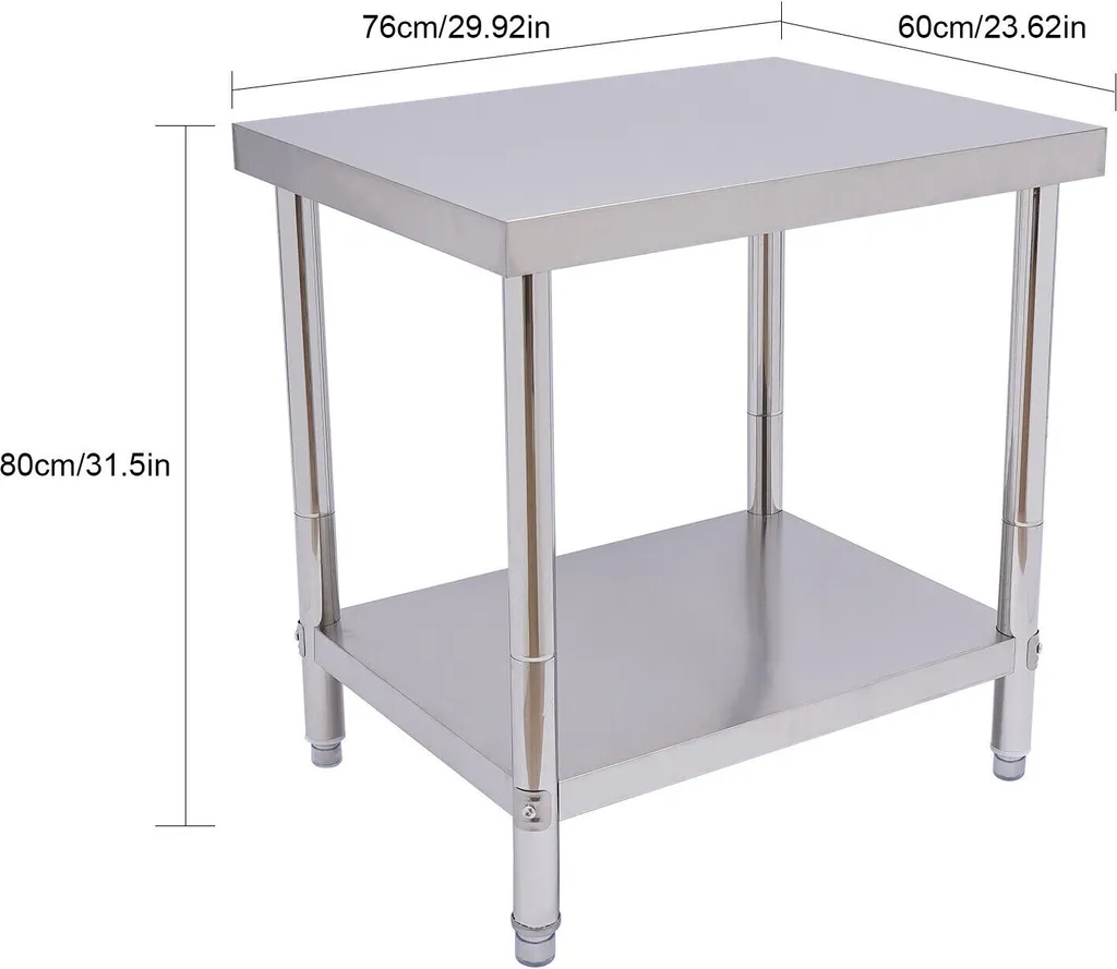 Table de travail en acier inoxydable 76x60x80 cm à deux niveaux robustes