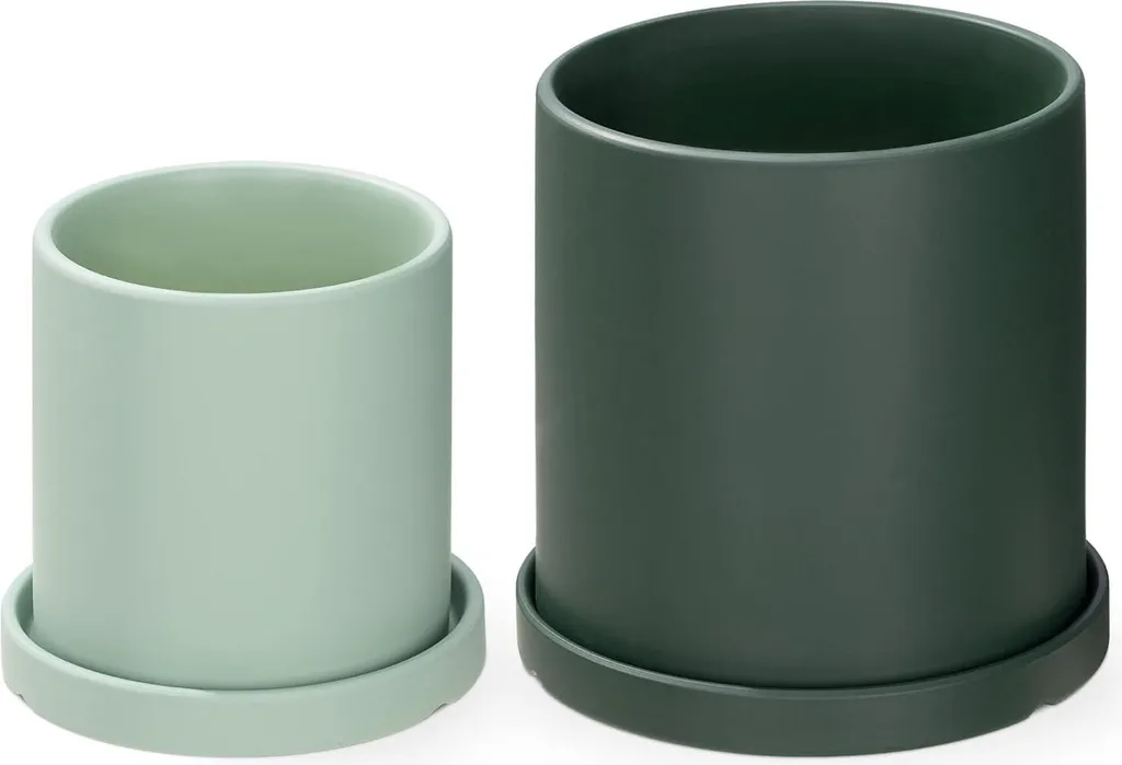 Pot de fleurs en céramique vert avec soucoupe - Set de 2 tailles - 11/17cm