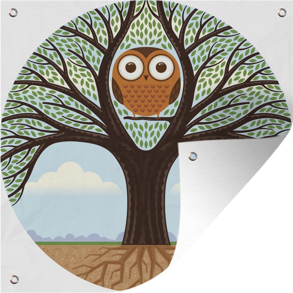MuchoWow 100x100 cm Outdoor-Poster Gartendeko Sichtschutz Garten Poster für den Garten Illustration eines großen Baumes, in dem eine Eule lebt