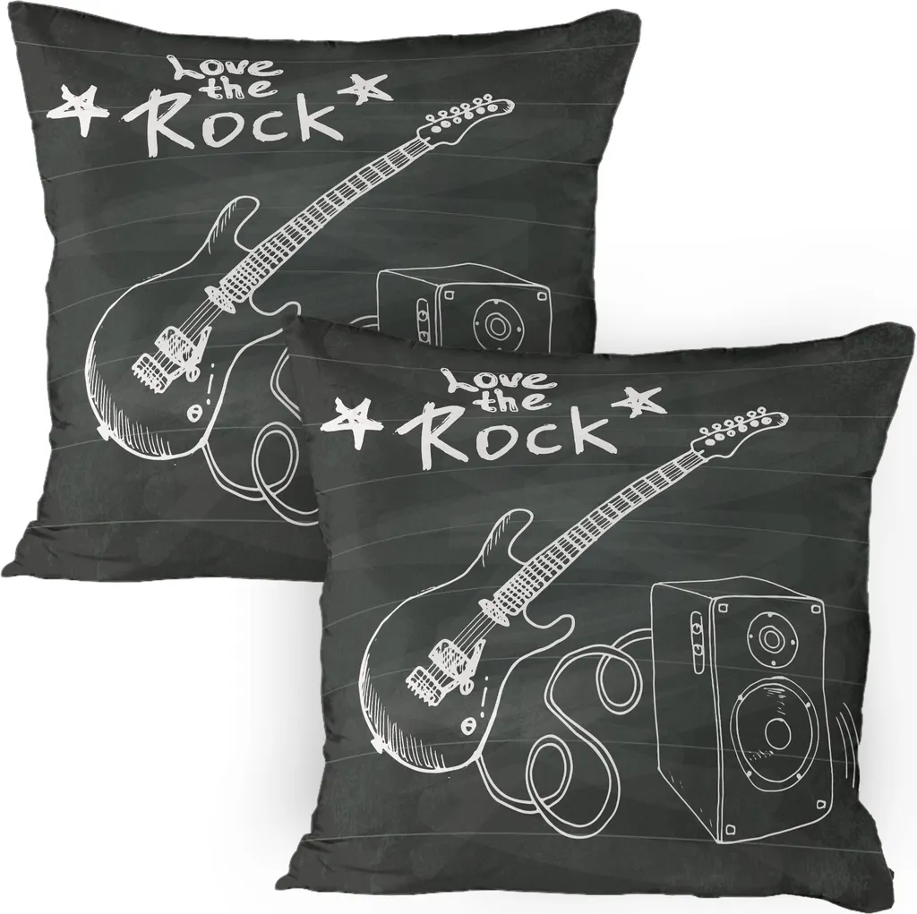 ABAKUHAUS Fodera per cuscino con chitarra Confezione da 2, scritta "Love the Rock" Citazione sull'amore per la musica rock e la chitarra, fodera per cuscino decorativa stampata, 80x80 cm, grigio antracite e bianco