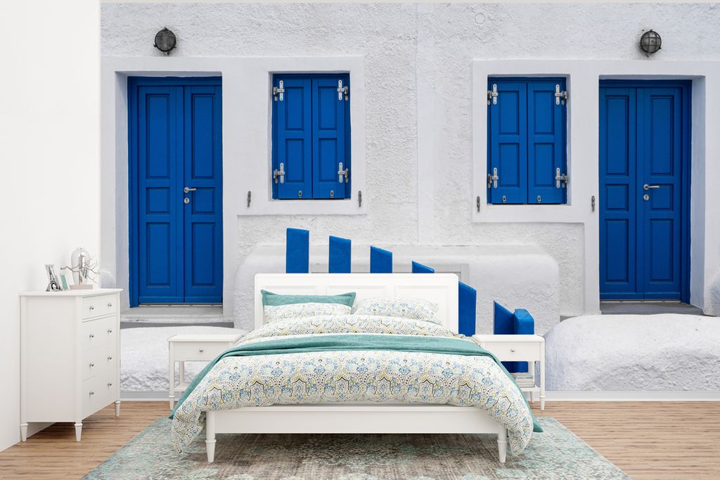 MuchoWow Fototapete für Wohnzimmer oder Schlafzimmer Wandtapete Vinyl Motivtapete Haus - Architektur - Blau - Weiß - 350x260 cm - Wohnzimmer-Ta...