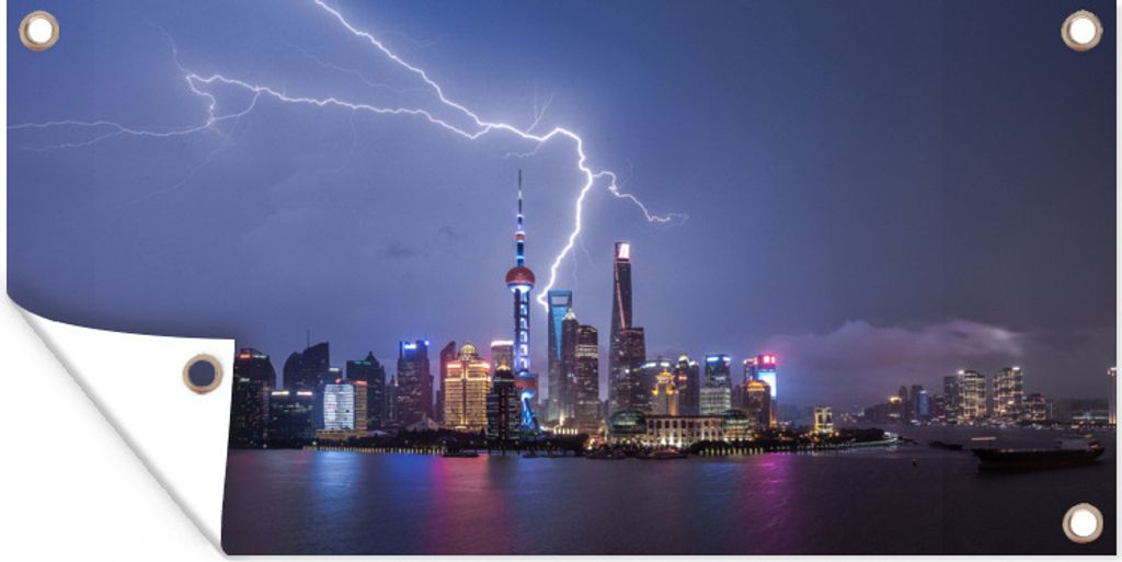 MuchoWow 80x40 cm Outdoor-Poster Gartendeko Sichtschutz Garten Poster für den Garten Skyline einer Stadt mit Blitzen