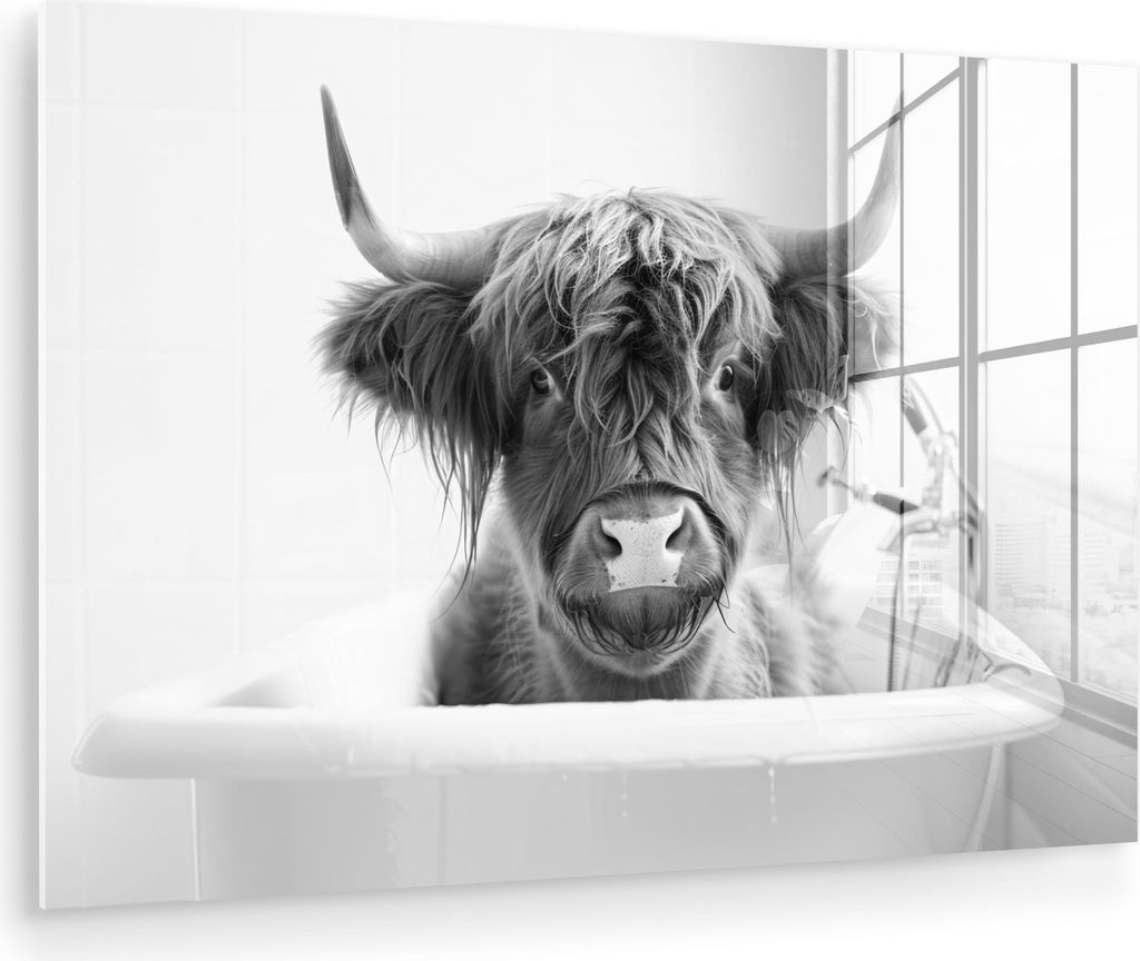 MuchoWow Glasbilder - Bilder auf Wandbild - Foto auf Glas Schottisches Hochlandrind - Kuh - Bad - Schwarz und weiß 60x40 cm Wanddekoration aus Gla...
