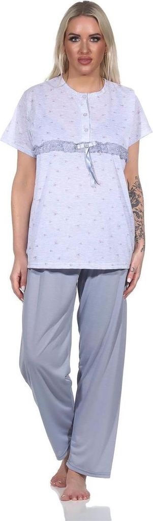 Damen 2 tlg. Pyjama lange Hose Shirt in kurzen Ärmeln Grau/M/38