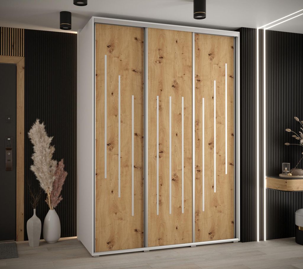 Kleiderschrank YVONA 8 – 180/60 cm, weiß/Eiche handwerklich/silber