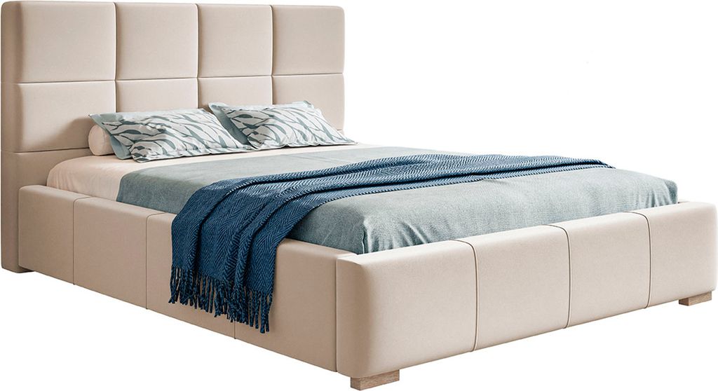 MOTIVENA "Luna" Polsterbett mit Bettkasten, 200x200, Samt, Beige, Chrom Füße