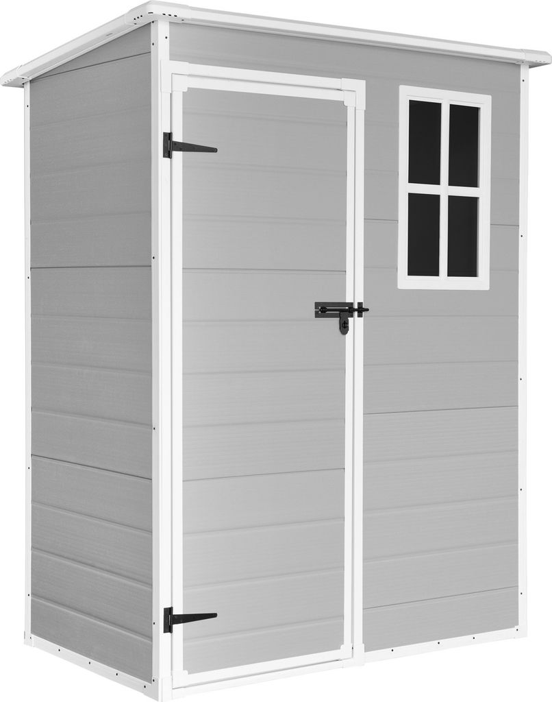 A gray resin shed with a white trim, a door, and a small window, set against a white background.