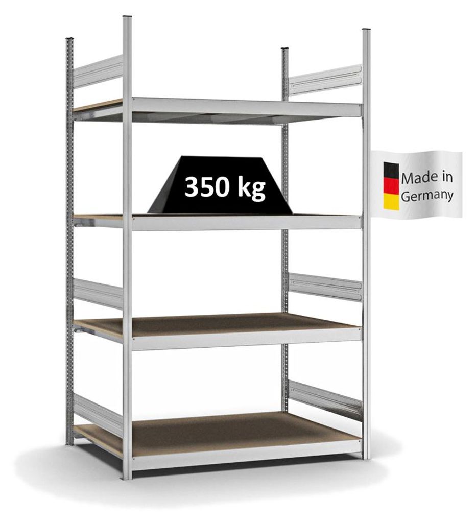 PROREGAL Weitspannregal Stecksystem MAGNUS Germany | HxBxT 250x150x80cm | 4 Ebenen | Spanplatten-Fachboden | Fachlast 350kg | Verzinkt