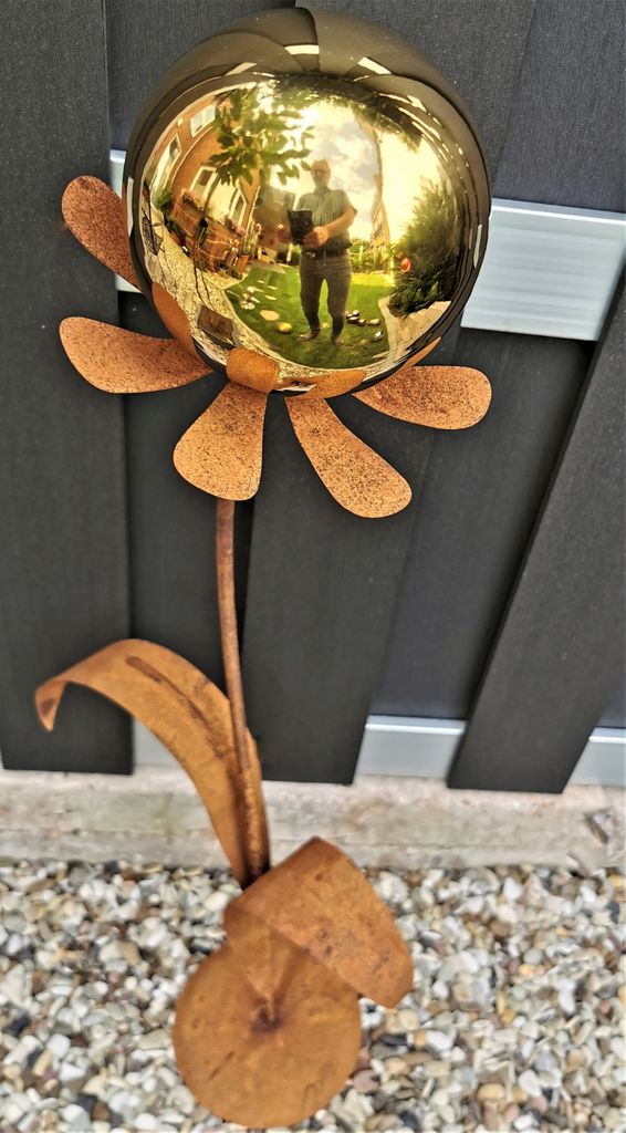 Skulptur Blume Rotterdam Cortenstahl 97 cm mit Standfuß Kugel Edelstahl gold poliert Dekoration Garten