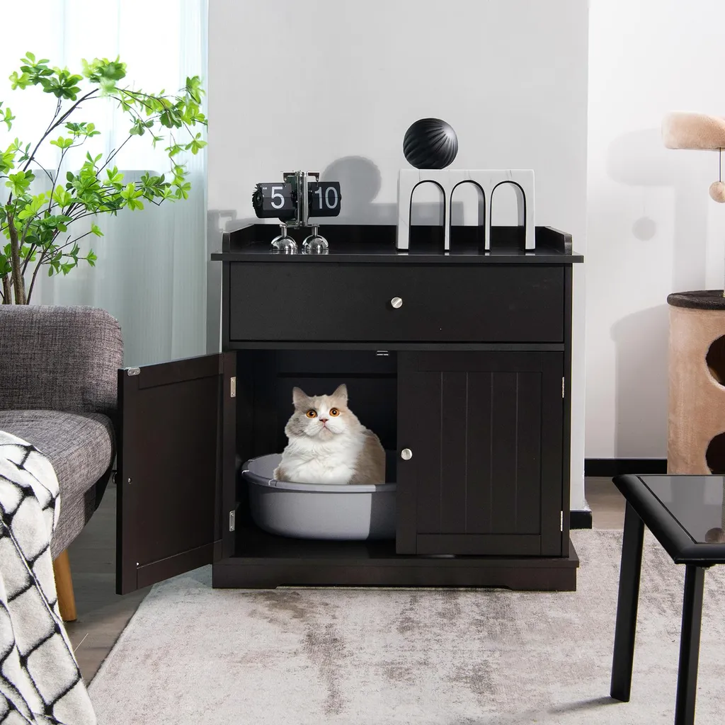 Meuble litière pour chat avec tiroir de rangement et porte magnétique