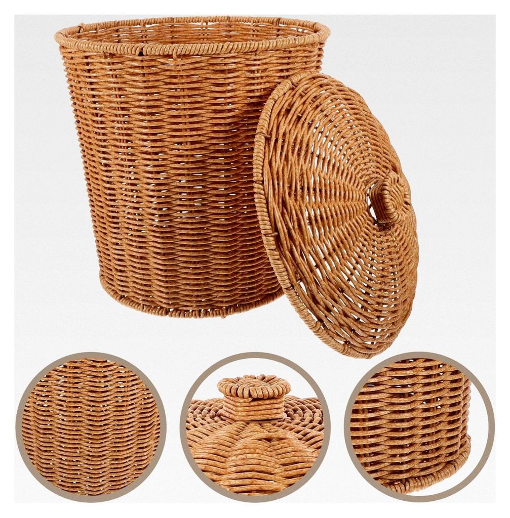 Runder Rattan-Abfallkorb mit Deckel – Tragbarer Weiden-Mülleimer und Aufbewahrungskorb für Schmutzwäsche in Wohnzimmer, Schlafzimmer, Badezimm...