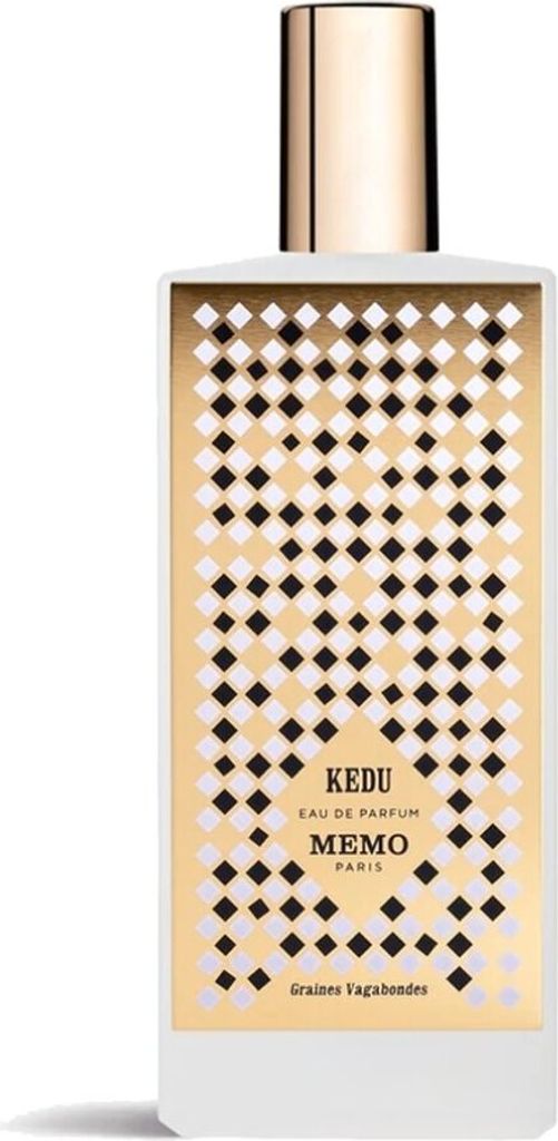A white perfume bottle with a gold cap and a patterned gold and black label.