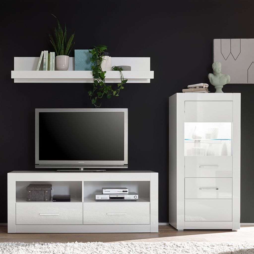 Hifi-Möbel Wohnwand-Set BALVE-61 in Hochglanz weiß mit Highboard inkl. LED BxHxT: 230x185x45cm