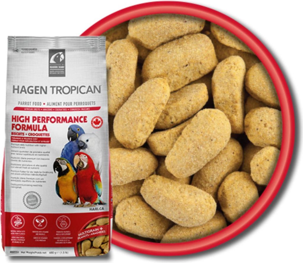 A bag of Hagen Tropican parrot food is shown next to a bowl of the food pellets.
