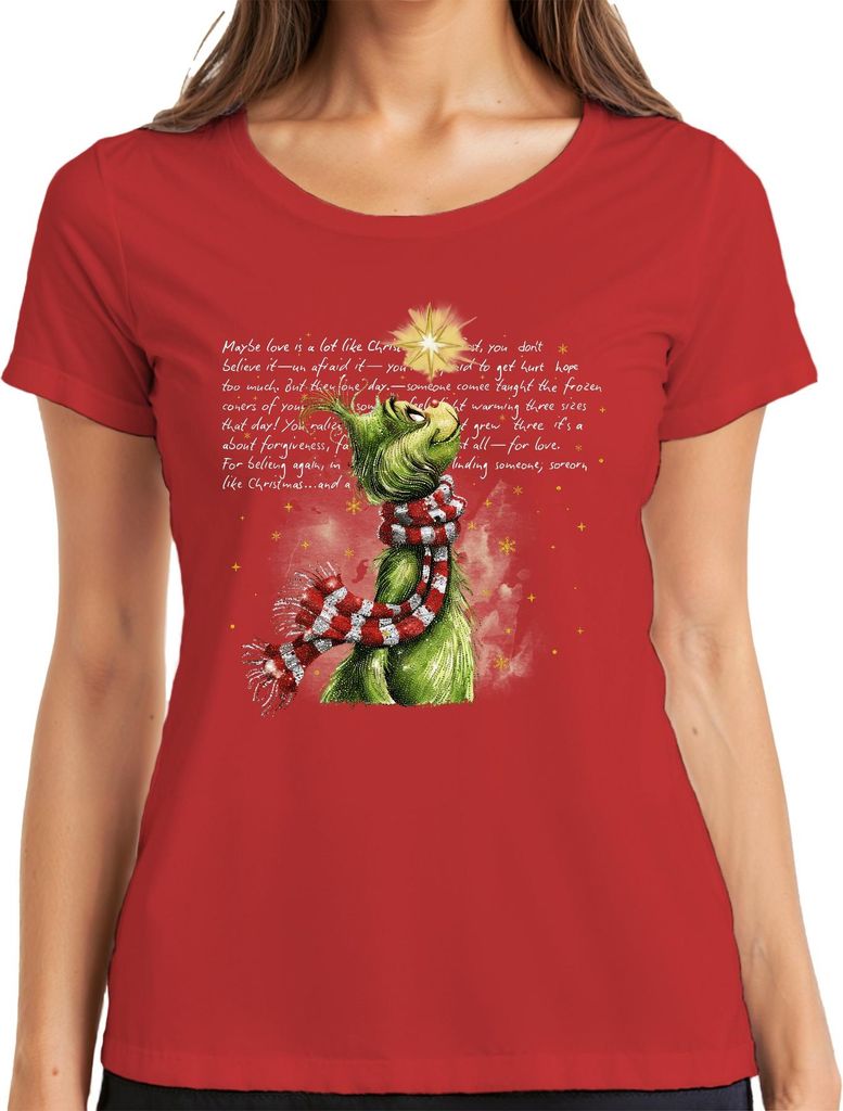 Maybe love is a lot like Christmas Grinch Weihnachten grün Stern Damen T-Shirt, Rot, XL