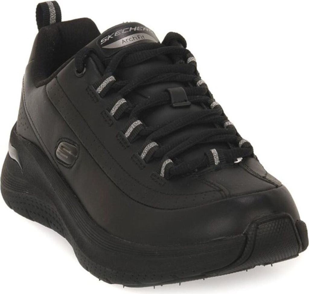 A black Skechers Arch Fit shoe is shown from a slightly elevated side angle against a white background.
