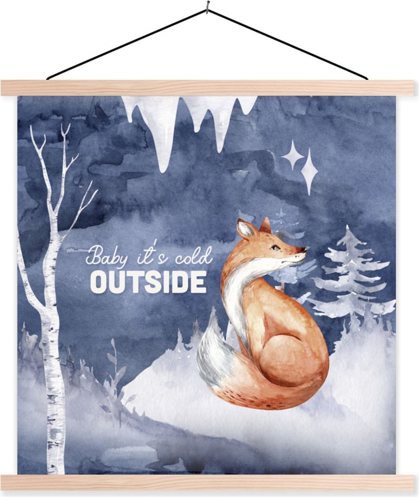 MuchoWow Textilposter Winter - Fuchs - Gemälde 60x60 cm mit holzfarbenen Rahmen - Wanddekoration