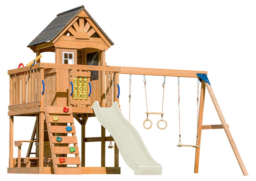 AXI Jack Spielturm aus Holz in Braun mit Doppelschaukel | Spielplatz für Kinder mit Creme Rutsche, Schaukel, Trapez, Kletterwand, Picknicktisch & ...