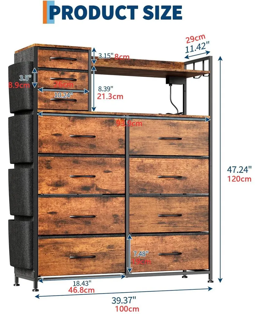 Commode LED et Prise Intégrée avec 11 Tiroirs - Structure Robuste Marron