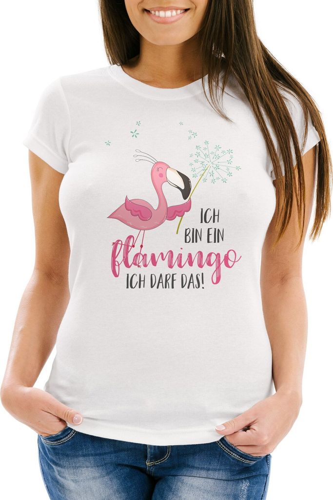 Damen T-Shirt Flamingo Ich bin ein Flamingo ich darf das Spruch Pusteblume Slim Fit tailliert Baumwolle Moonworks weiß-pink XXL
