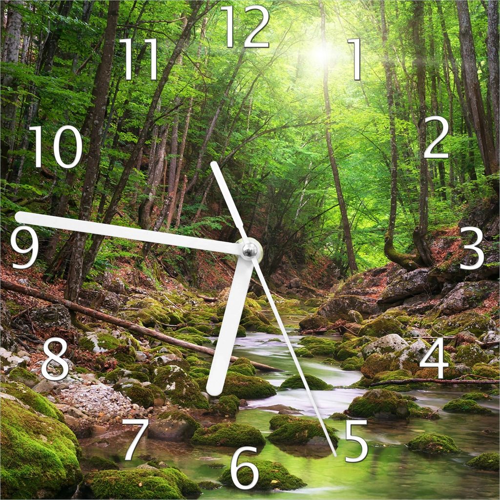 Wallario Design Wanduhr Fluss im Wald aus Echtglas, Größe 20 x 20 cm