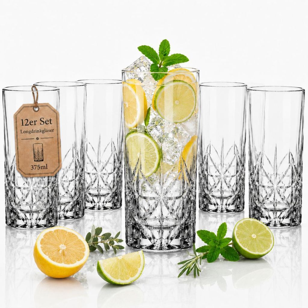 12er Set Longdrinkgläser 375 ml mit edler Schliffoptik Wassergläser Cocktailgläser Saftgläser für Softdrinks Latte Macchiato spülmaschinengee...