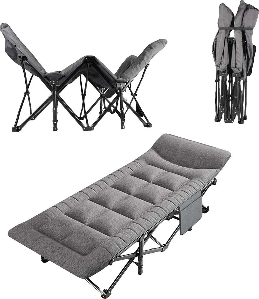 Lit de camping pliant gris ultra robuste avec matelas de confort intégré