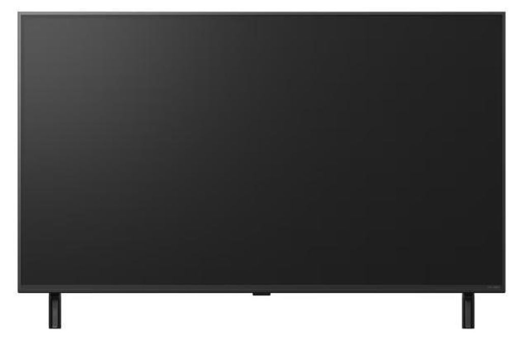 A black television set with two black legs is shown from the front.