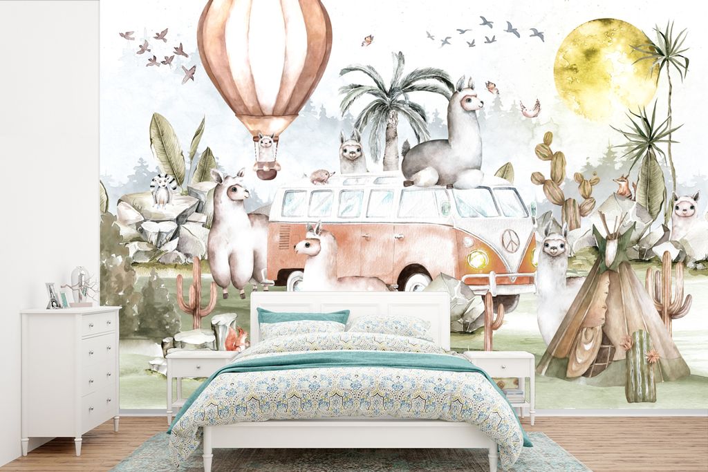 MuchoWow Fototapete für Wohnzimmer oder Schlafzimmer Wandtapete Vinyl Motivtapete Alpaka - Tiere - Kinder - Heißluftballon - Kinder - 360x240 c...
