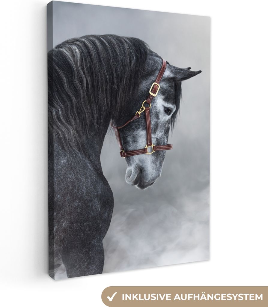 OneMillionCanvasses - Leinwandbilder - 90x140 cm, Pferd - Grau - Braun - Tiere - Rauch, Wandbilder Kunstdruck Wanddekoration - Wandschmucke - Sch...