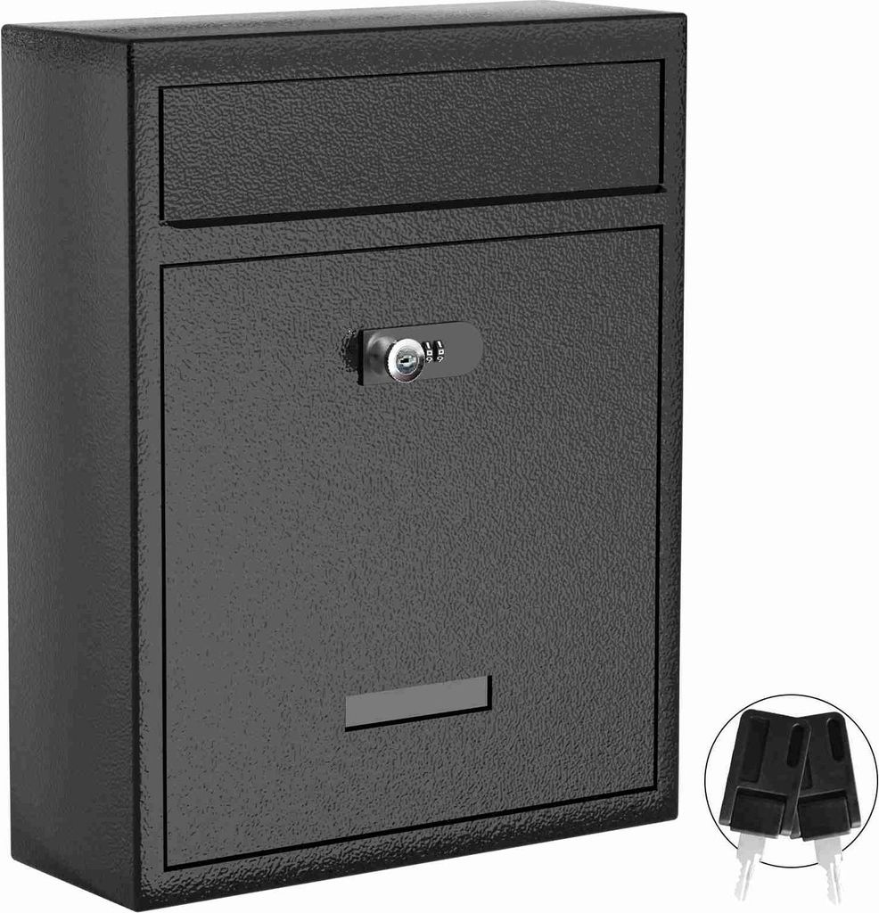 12-Zoll-Wandbriefkasten für den Außenbereich, Stahlbriefkasten mit Zahlenschloss, schwarz, großes Fassungsvermögen