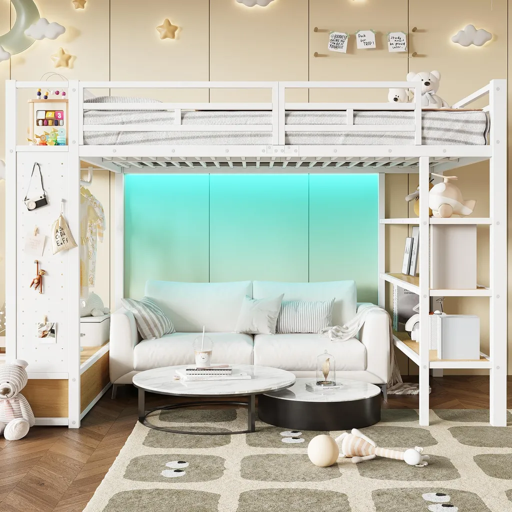 Lit superposé avec armoire et panneau perforé LED 140x200 cm blanc