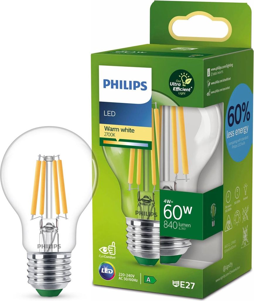 A Philips LED light bulb and its packaging are shown.