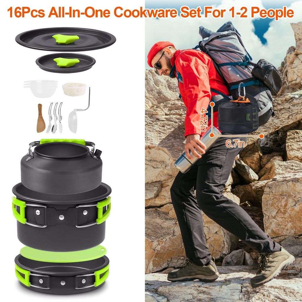 16-teiliges Camping Kochset aus Aluminium, mit Topf, Pfanne, Kessel, Besteck & Zubehör, leicht & kompakt, ideal für Camping, Wandern & Outdoor