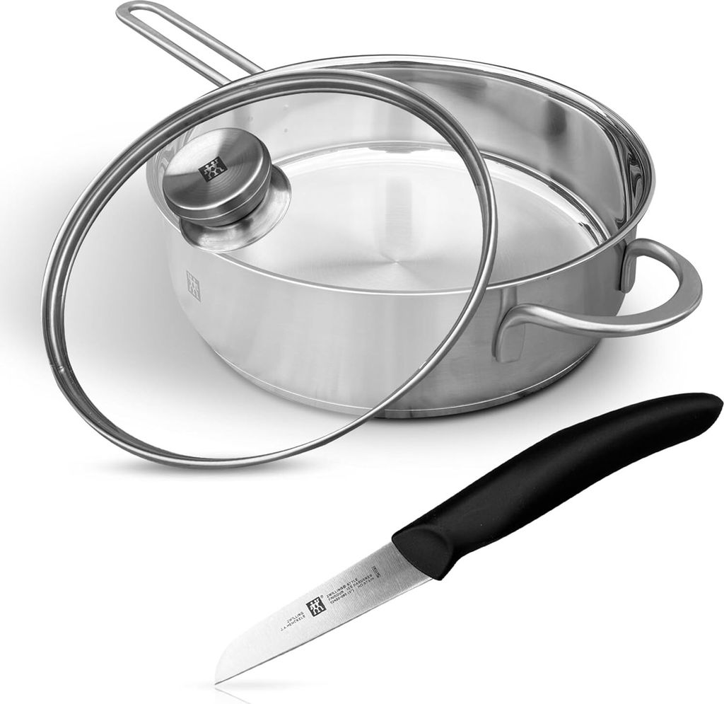Zwilling TwinNova3 Schmorpfanne 24cm mit Deckel + Gemüsemesser, 3-tlg Set – Edelstahl, unbeschichtet, induktionsgeeignet, hoher Rand, für alle ...