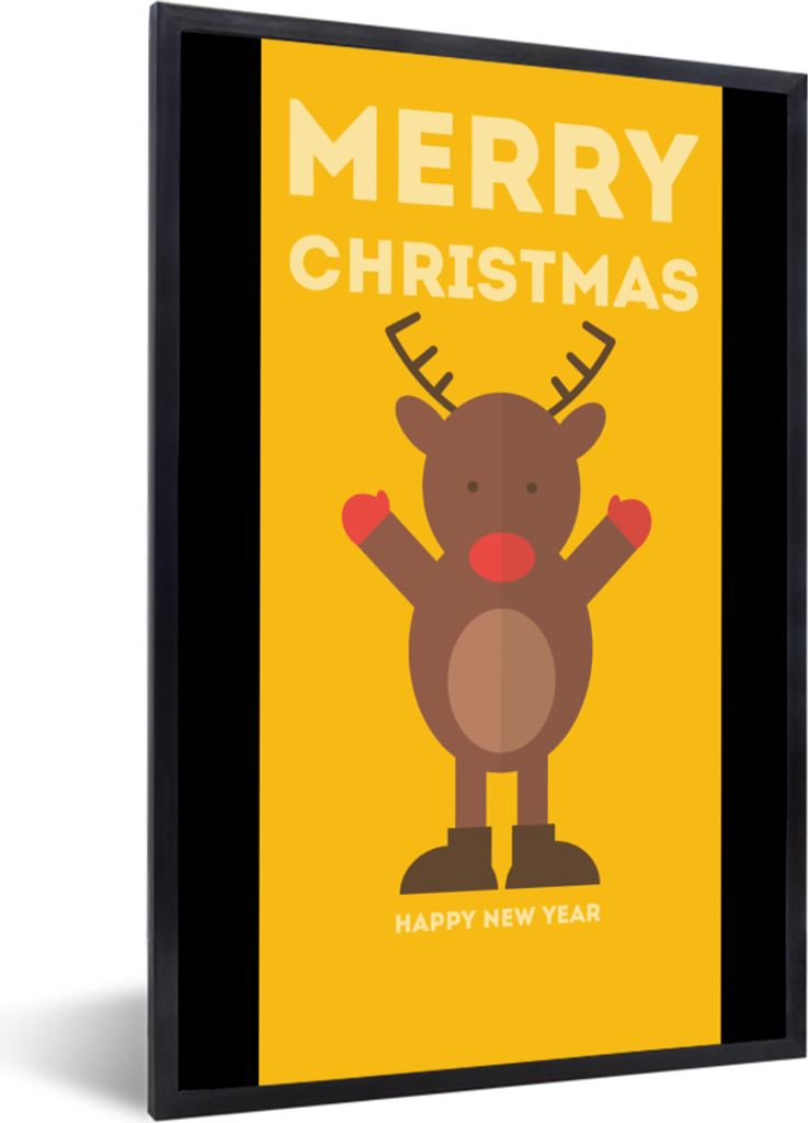 MuchoWow Gerahmtes Poster Weihnachten - Zitate - Illustration - Rentier - Frohe Weihnachten - Gelb 20x30 cm - Poster mit Schwarzem Bilderrahmen W...