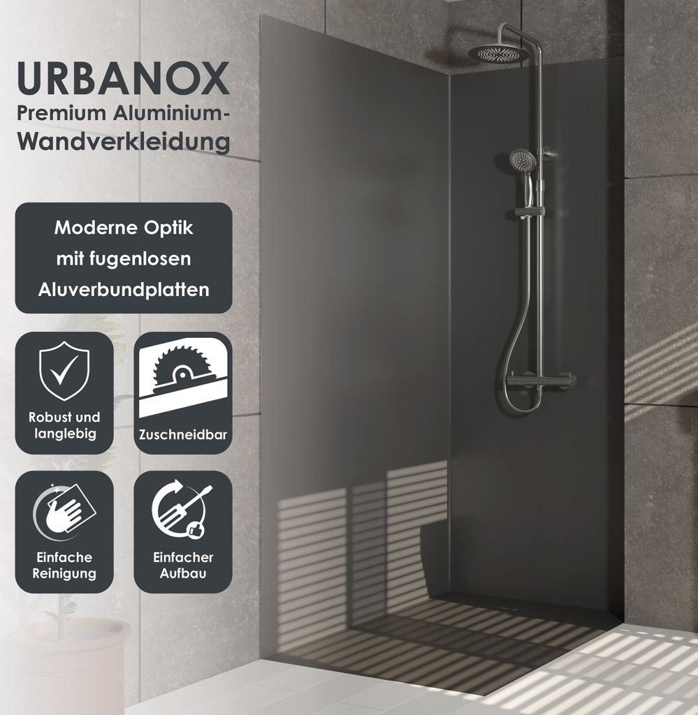 Marwell Urbanox Wandpaneel Set grau 1x 90x210 1x 120x210cm – inklusive Abschlussprofile in Schwarz - fugenlose Aluverbundplatte als Duschrückwa...