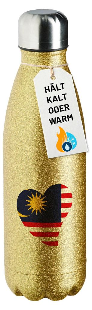 Huuraa Trinkflasche Malaysia Flagge Herz 500ml Gold Edelstahl Wasserflasche Trinkflasche Geschenkidee