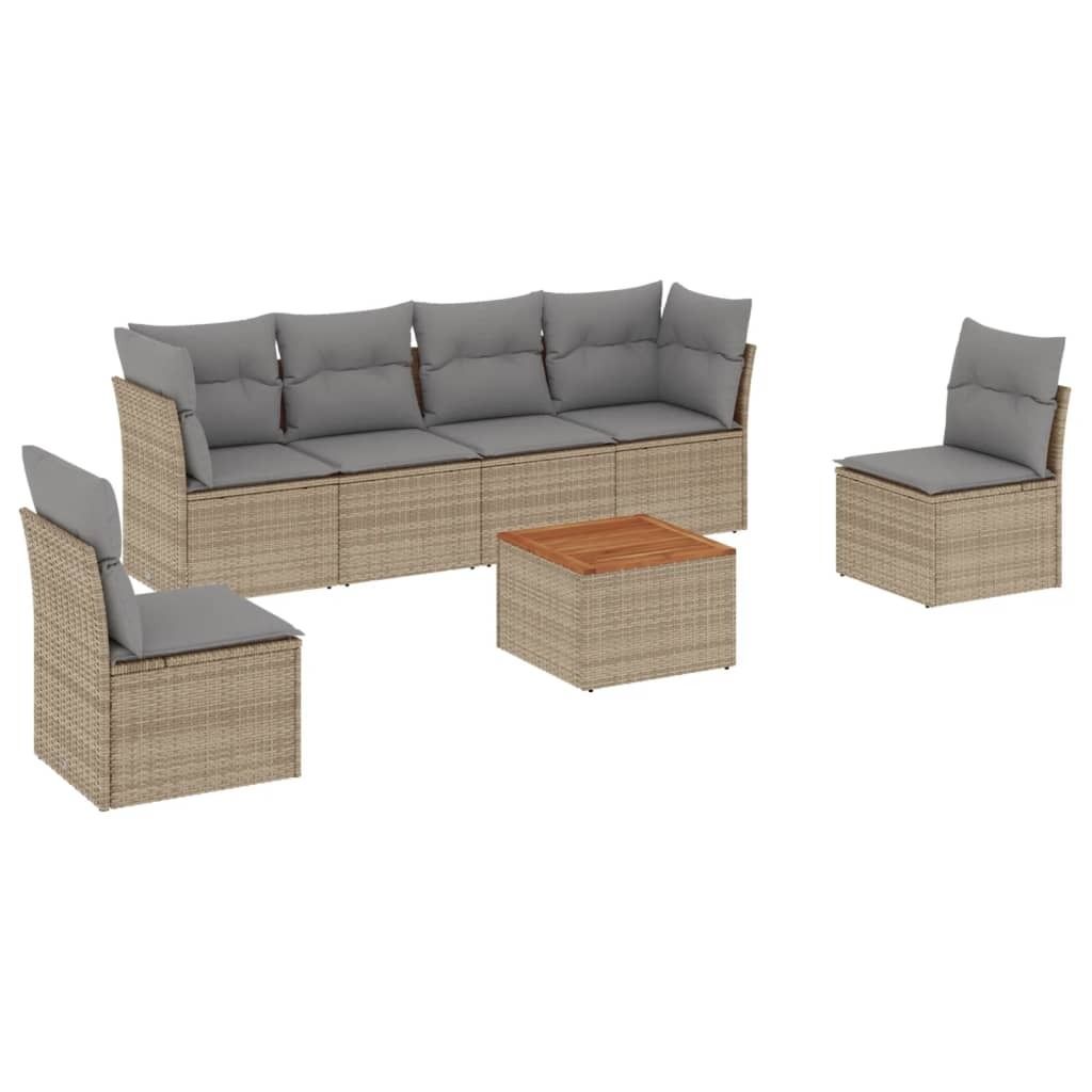 vidaXL 7-tlg. Garten-Sofagarnitur mit Kissen Beige Poly Rattan