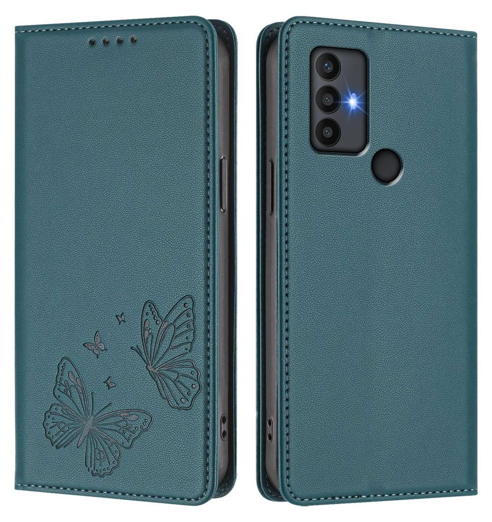 Lederhülle für TCL 30 SE/TCL 30E/TCL 305/306, Schmetterling Prägung Leder Brieftasche Schutzhülle mit Ständer Grün