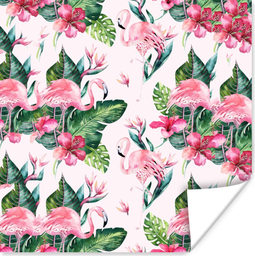 MuchoWow Poster Flamingo - Blumen - Blätter - Muster 30x30 cm - Wandposter - Printing